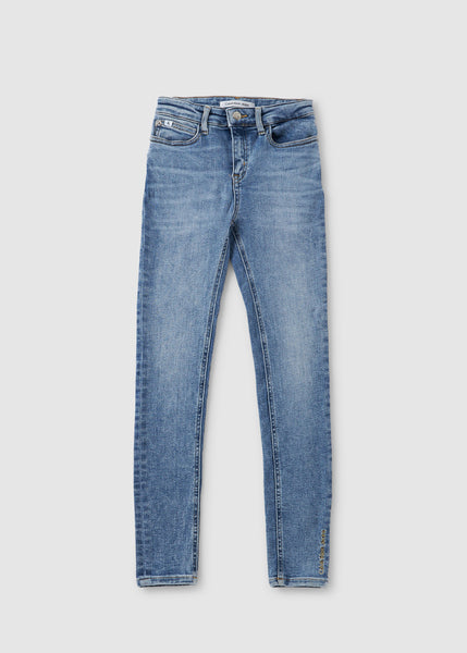 Kids Skinny High Rise Jeans In Mid Blue Salt Pepper