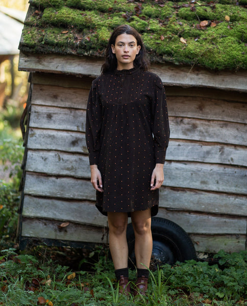Beaumont Organic Aw23 Phoebe-paige Printed Cord Dress In Brown And Tan Polka Dot