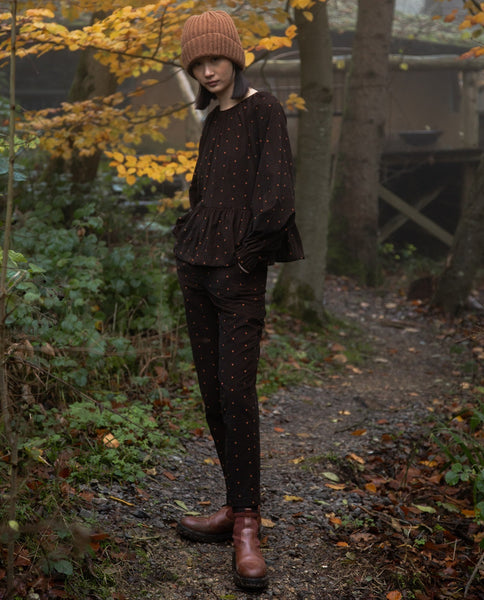 Beaumont Organic Aw23 Jocelyn-paige Printed Cord Trousers In Brown And Tan Polka Dot