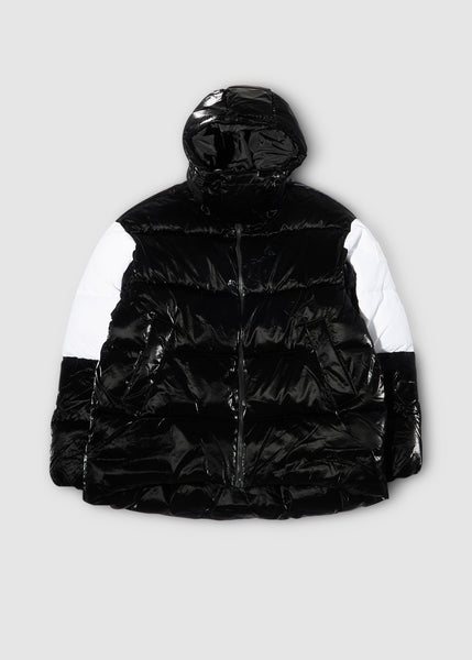 Mens Bold Logo Colourblock Puffer Jacket In Black/white