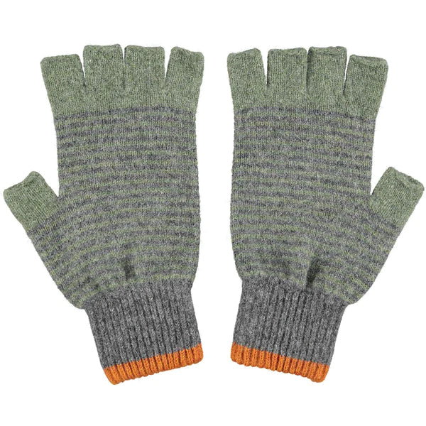 Unisex Grey & Green Stripy Lambswool Fingerless Gloves