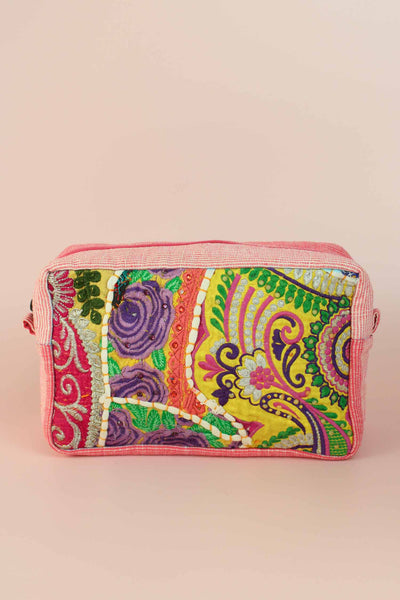 Embroidered Striped Wash Bag In Pink