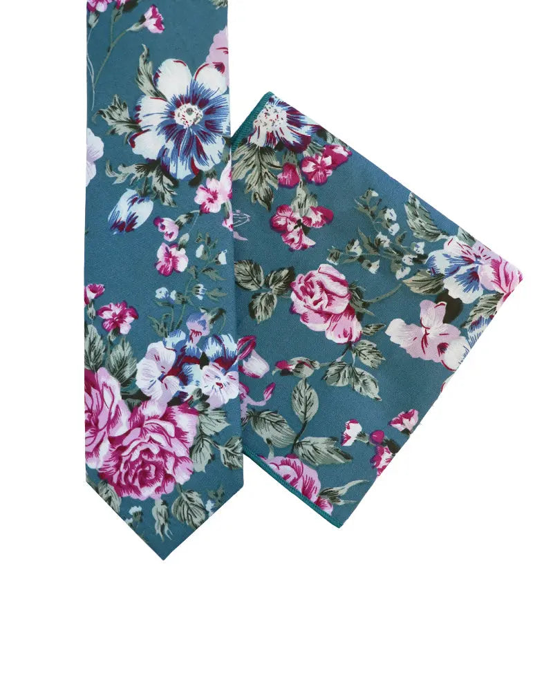 Floral Print Silk Tie & Pocket Square Gift Set - Teal Blue / Pink