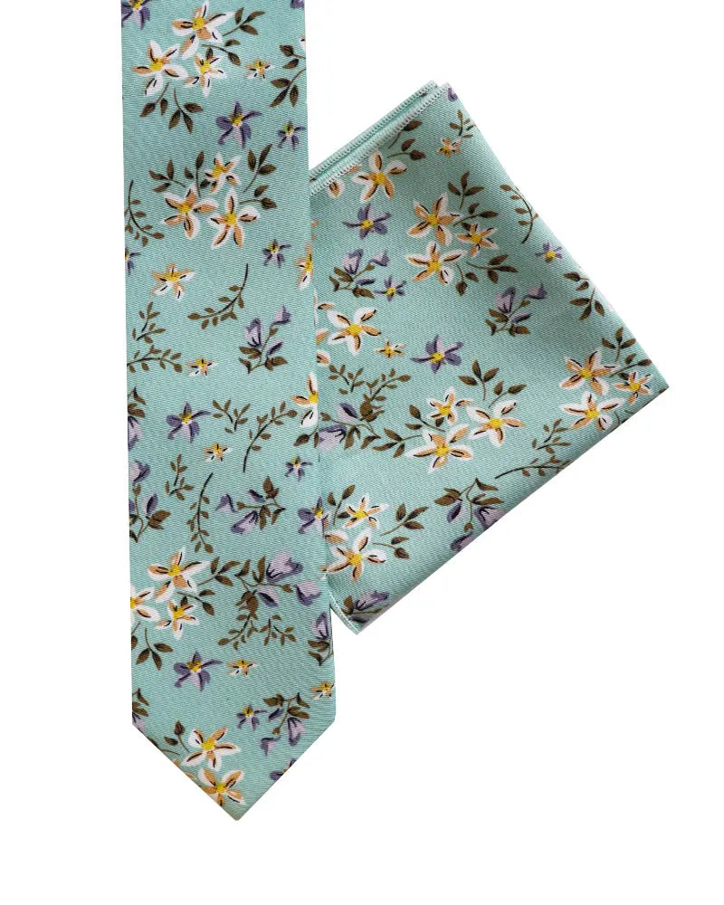 Floral Print Tie & Pocket Square Gift Set - Turquoise / Yellow