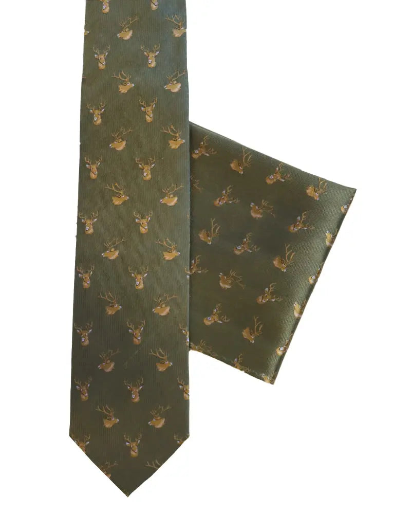 Knightsbridge Neckwear Stag Head Silk Tie & Pocket Square Set - Sage Green