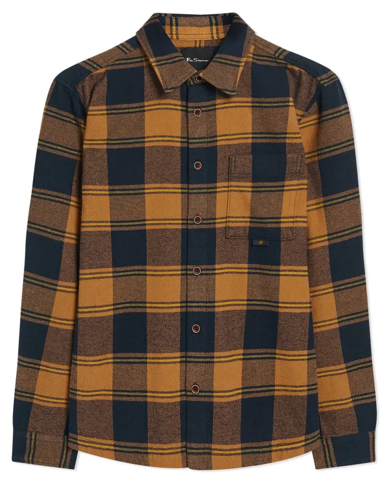 Brushed Cotton Check Overshirt - Navy / Brown