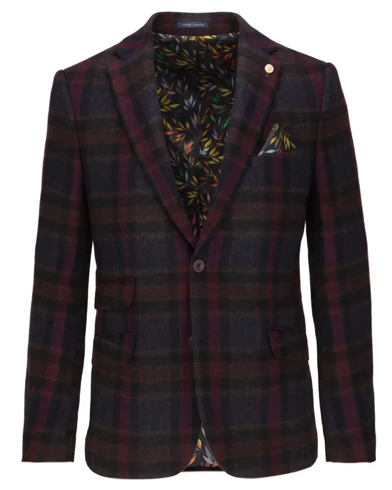 Brushed Tweed Check Suit Jacket - Burgundy