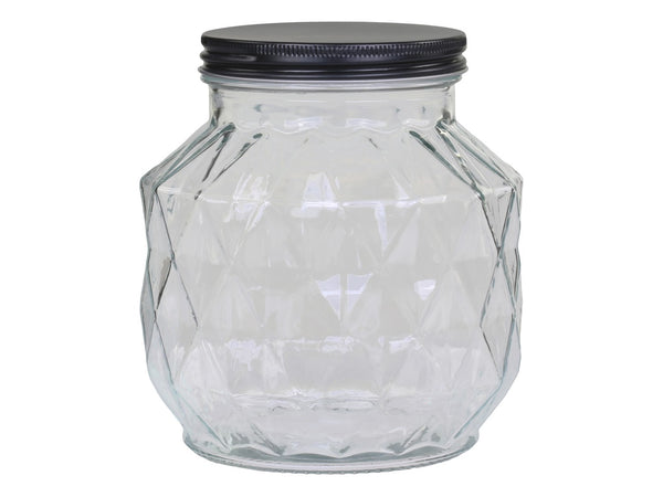 livs Glass Jar - Diamond Cut With Black Screw Top Lid, Large