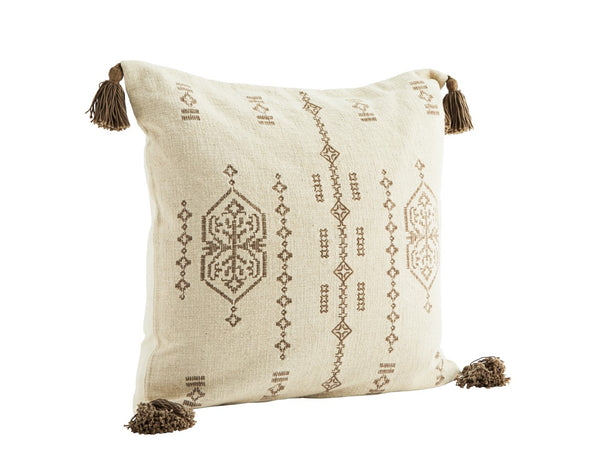 Madam Stoltz Ecru Sand Embroidered Cushion with Tassels