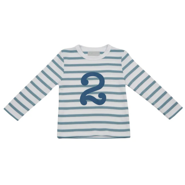 Ocean Blue & White Breton Striped Number 2 T Shirt