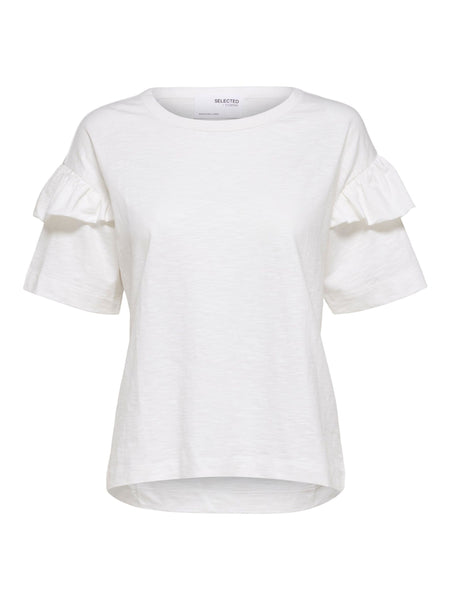 Selected Femme Organic Cotton Ruffle T-shirt In Snowy White