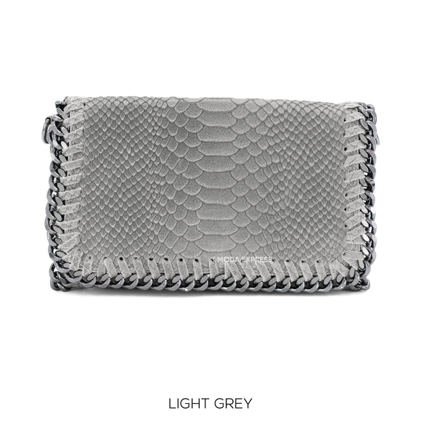 Leather Snakeskin Print Chain Crossbody In Light Grey