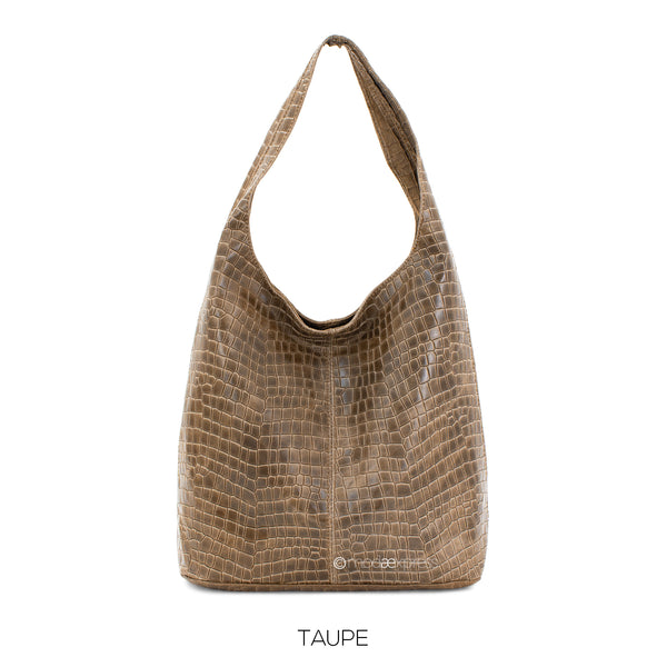 Leather Full Croc Print Hobo Bag In Taupe