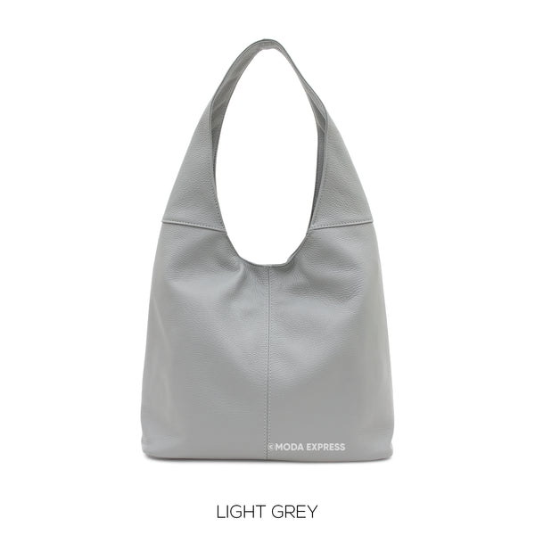 Leather Plain Hobo Bag In Light Grey