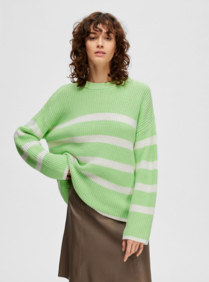 Selected Femme - Striped Knited Jumper - Pistachio Green / Snow