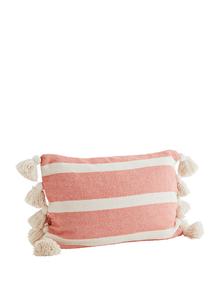 Madam Stoltz Tasseled Coral and White Striped Cushion