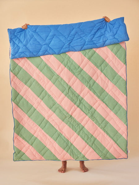 Pink Green Striped Print Cotton Quilt