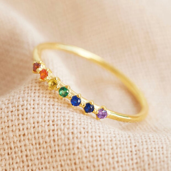 Gold Sterling Silver Rainbow Crystal Band Ring - S/m