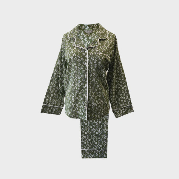Lime Tree Design Cotton Block Print Pyjamas - Green Leaf