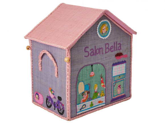 Small Pink & Purple House Raffia Play & Toy Storage Basket - Rice Dk