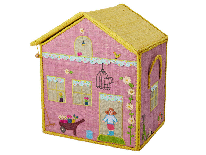 Medium Pink & Yellow House Raffia Play & Toy Storage Basket - Rice Dk