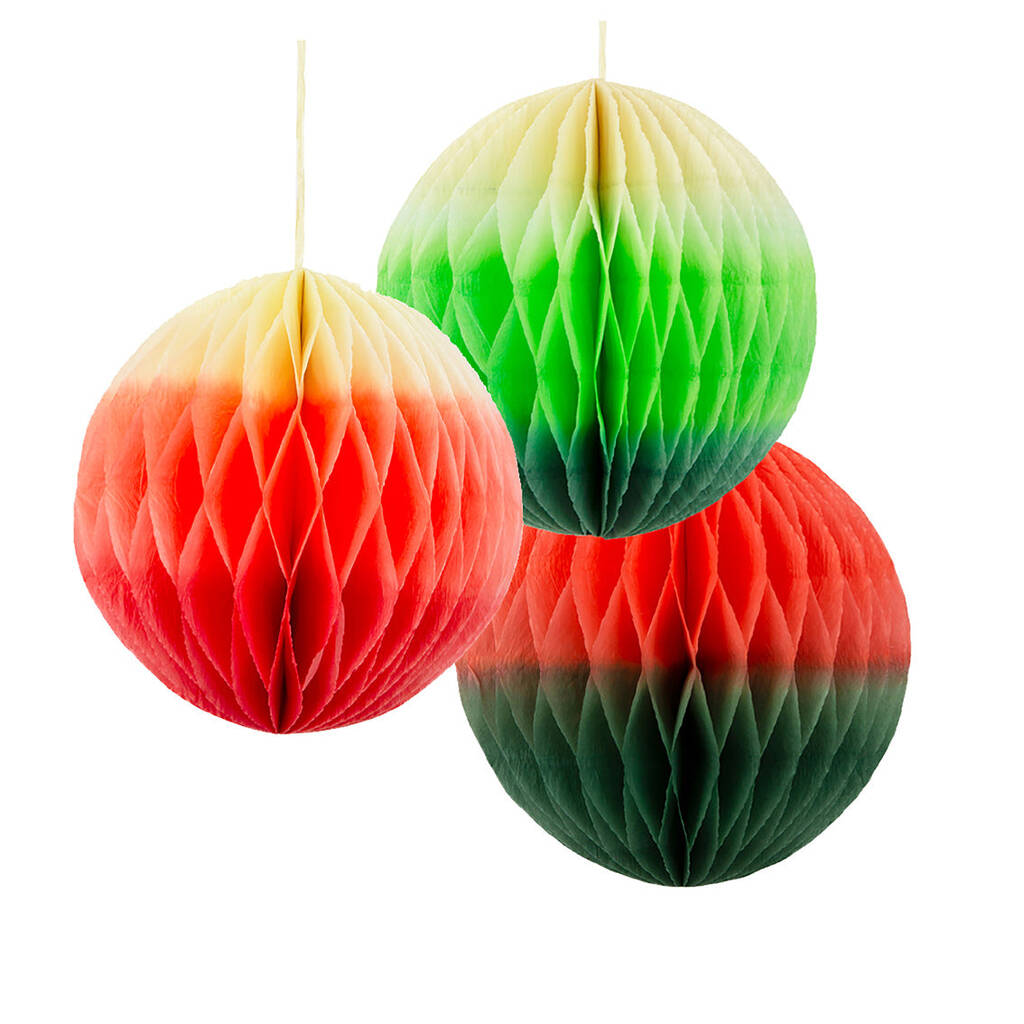 The Letteroom Three Red and Green Ombre Paper Honeycomb Decorations
