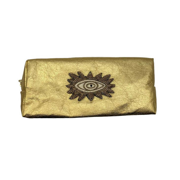 Gold Make-up Bag With Embroidered Metallic Eye