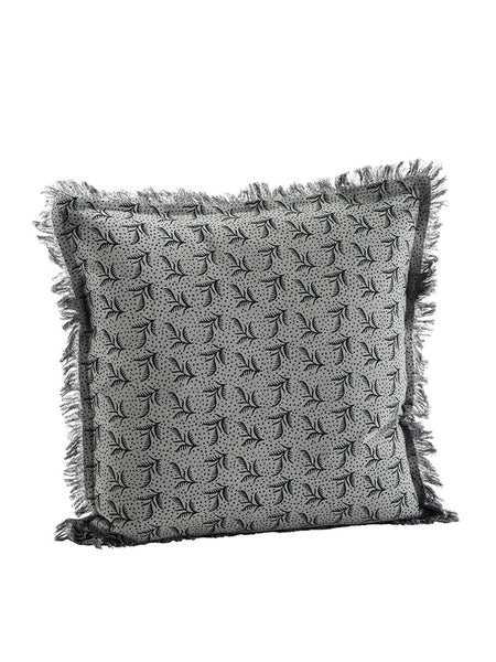 Madam Stoltz Black and Grey Printed Cushion with Fringe
