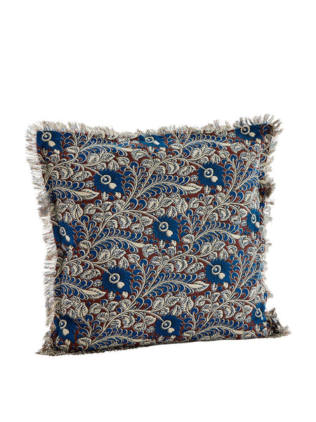 Blue Brown & Off White Printed Cushion with Fringe