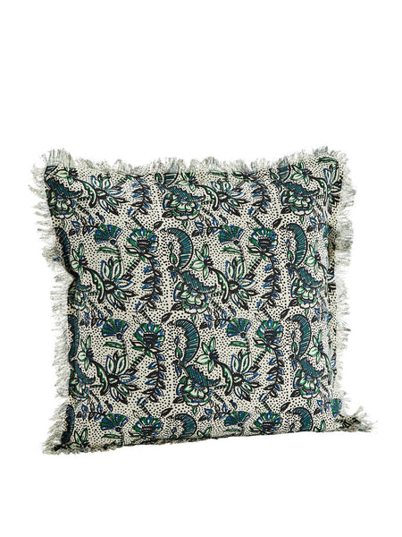 Off White Green Blue & Black Printed Cushion with Fringe