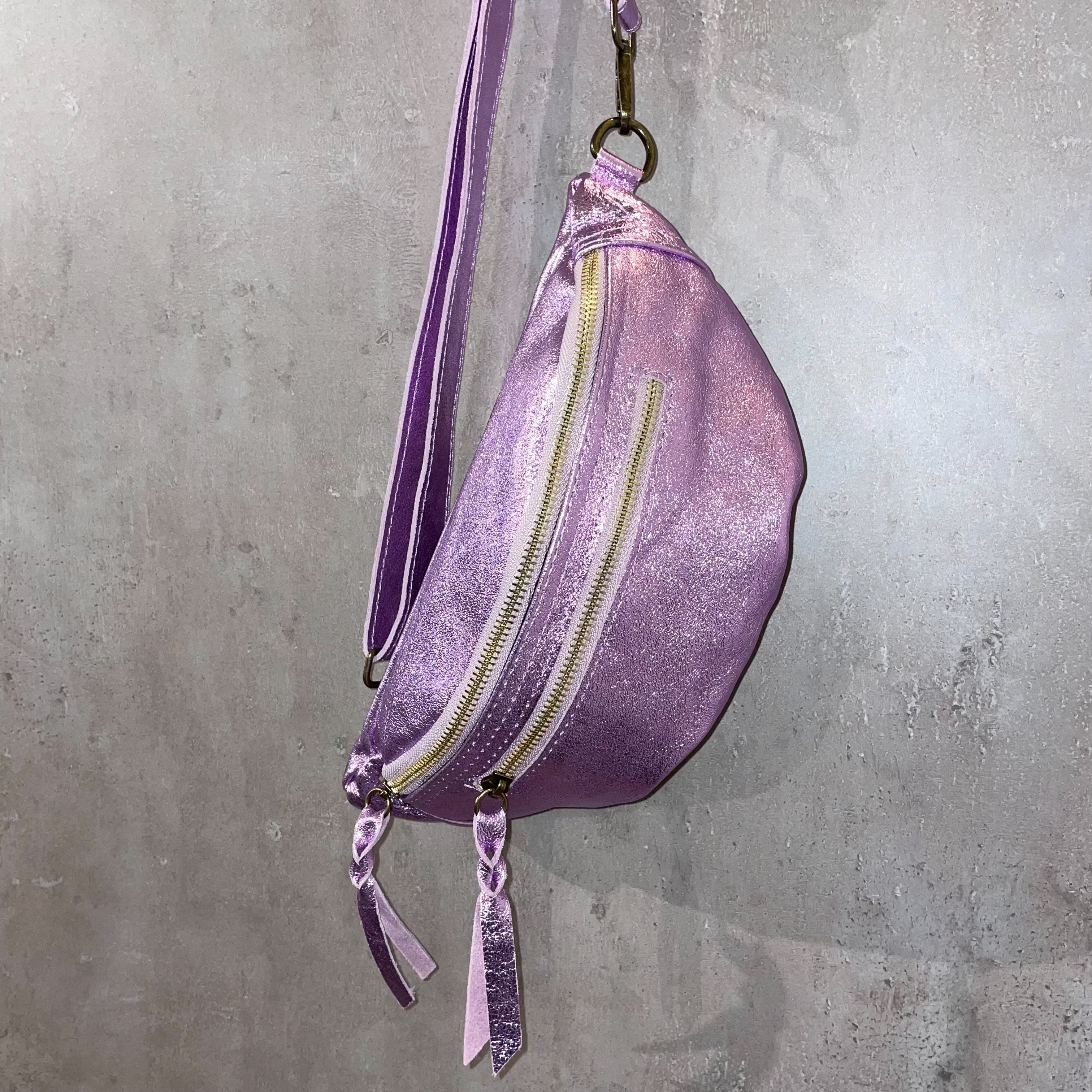 Metallic double zip metallic leather banana bag