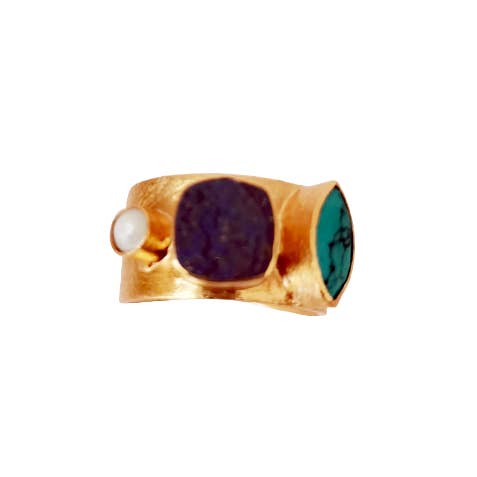Previous Galata Rough Lapis Lazuli, Turquoise And Pearl Adjustable Ring - Cast Bronze Gold Plated