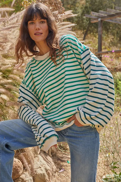 Green Striped Crew Neck Sweatshirt