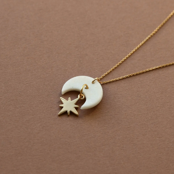 Gold Star Necklace With Pearly White Moon