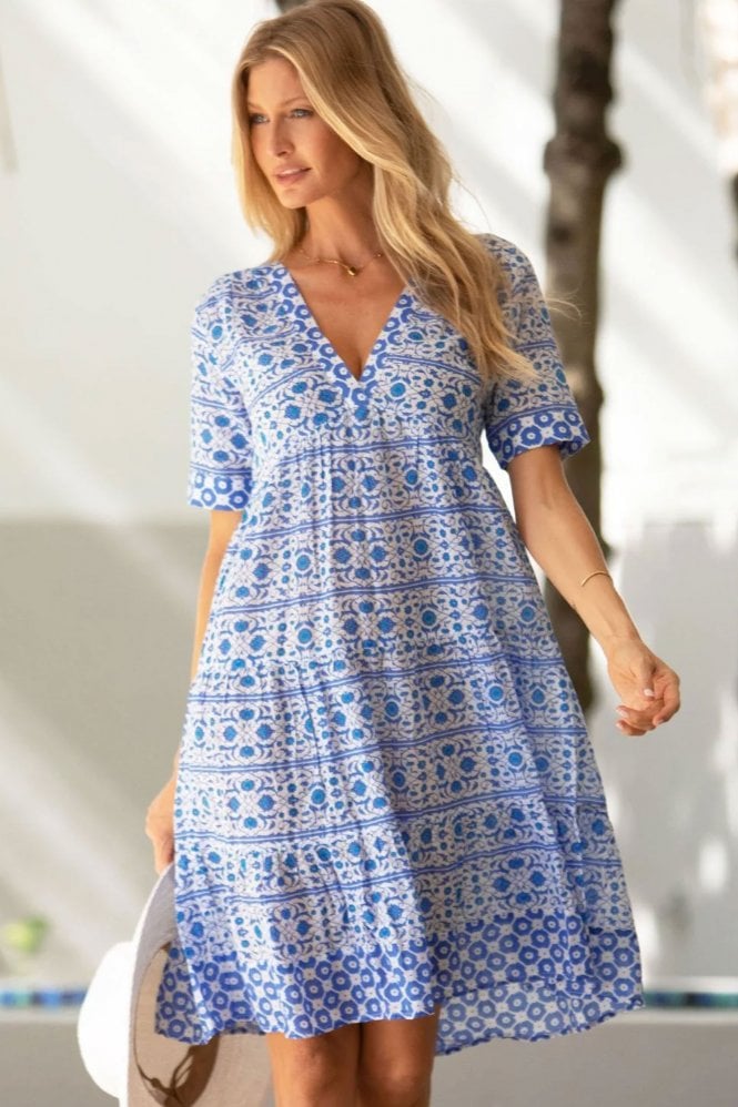 Santorini Dress In White And Blue Cotton