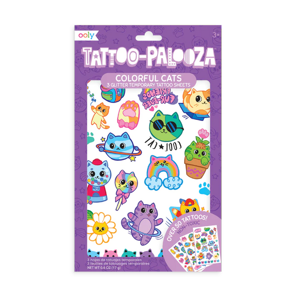 Ooly Tattoo-palooza Temporary Tattoos - Colorful Cats - 3 Sheets