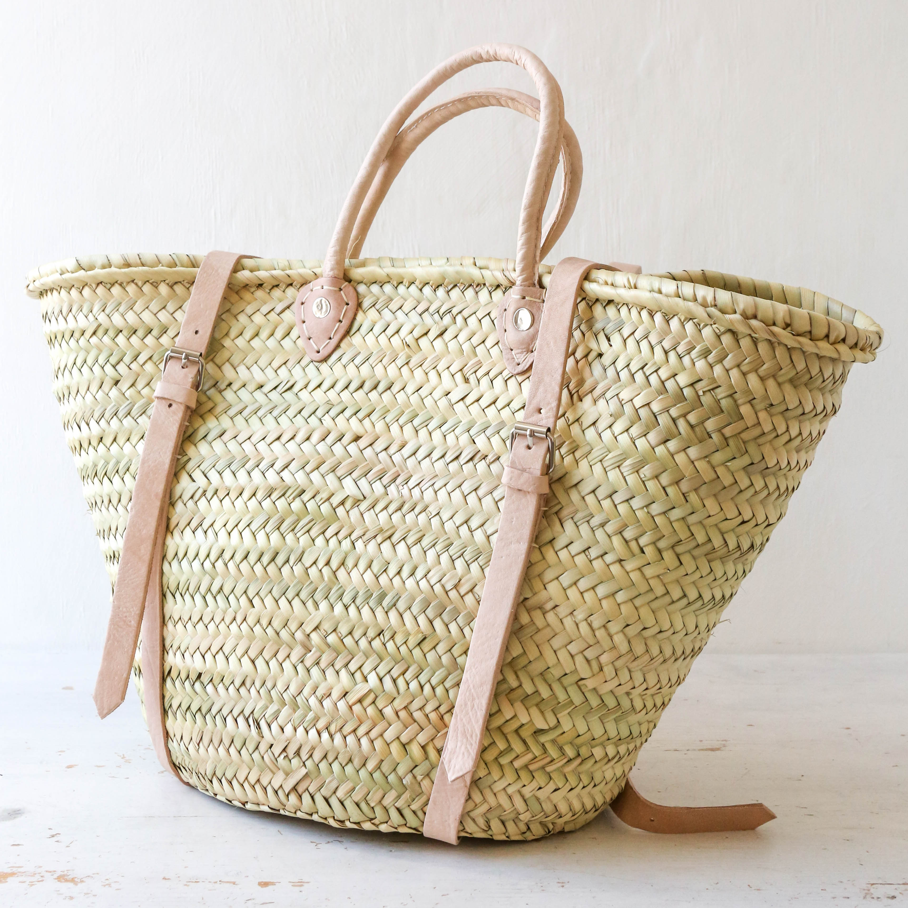 Straw Beach Bag With Leather Backpack Strap