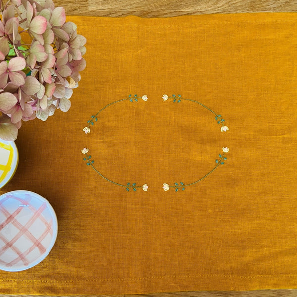 Hand Embroidered Linen Table Runner - Mustard