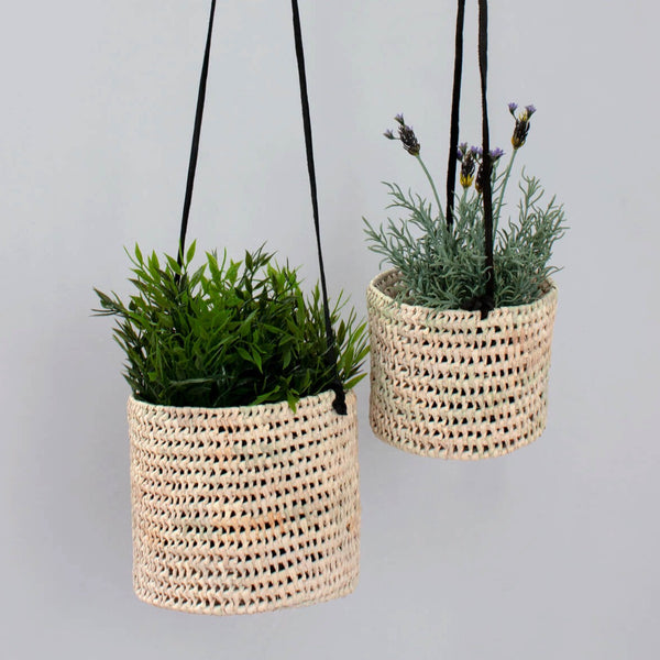 Moroccan Open Weave Hanging Baskets - Black Leather