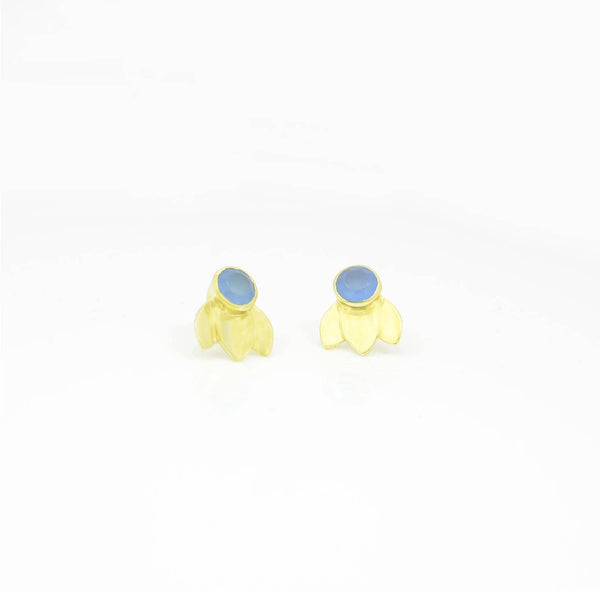 Schmuckoo Lotus Leaf Gold Plated Stud Earrings With Blue Chalcedony