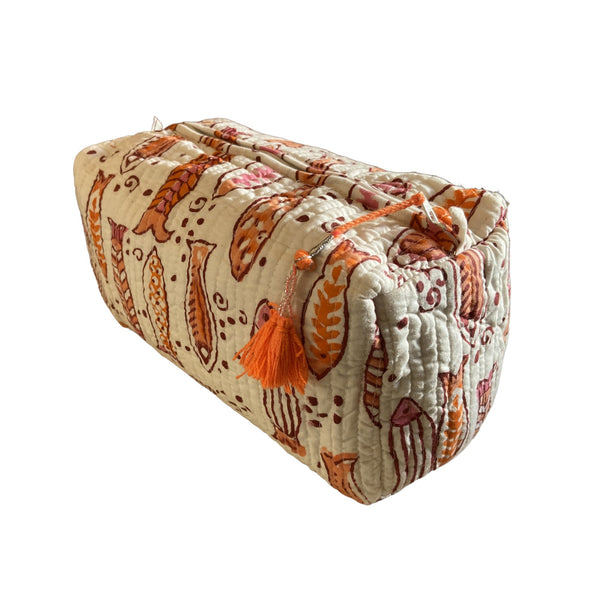 Cosmetic Bag Cotton Floral Block Print Coral Orange