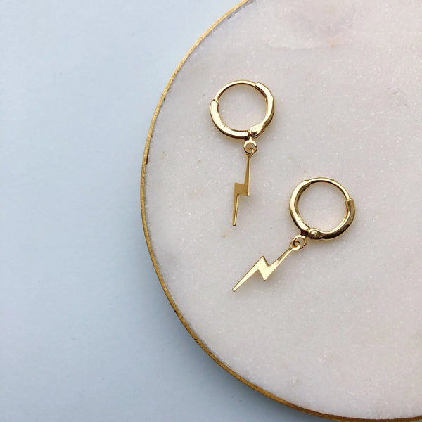 Mini Hoop Lightning Bolt Earrings - Gold