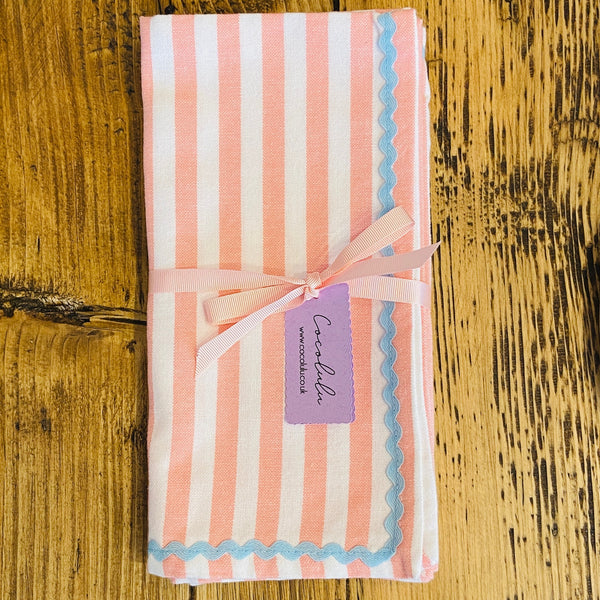 Peach Stripe & Blue Ric-rac Napkin Set Of 2