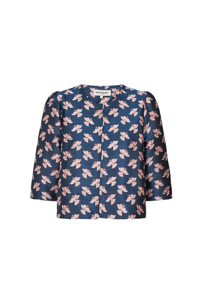 Lollys Laundry Trine Cropped Short Sleeve Jacket In Teal Blue And Pink Bird Print
