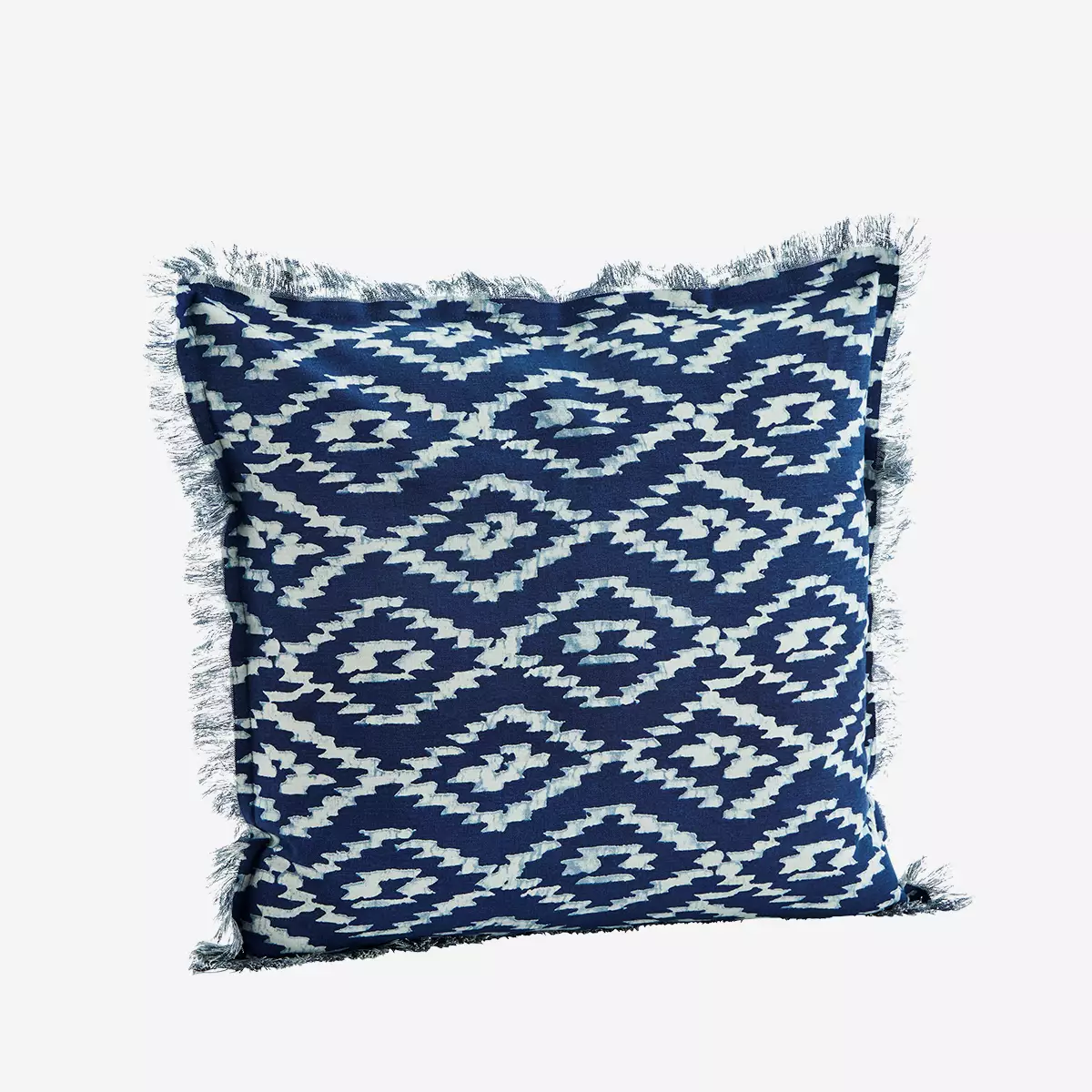 Madam Stoltz Printed Cushion with Fringes blue and white