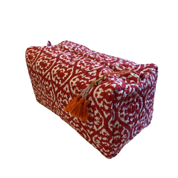 Cosmetic Bag Cotton Floral Block Print Red