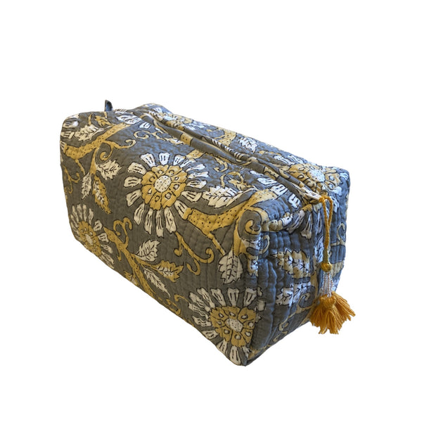 Cosmetic Bag Cotton Floral Block Print Stone And Yellow