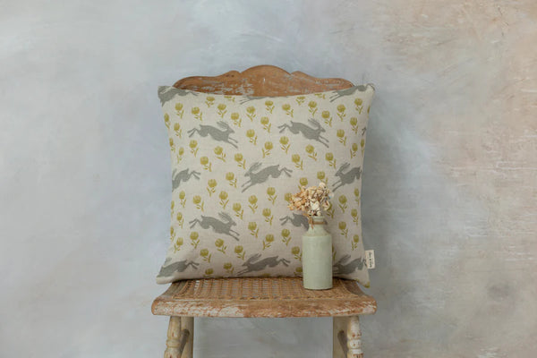 - Running Hare Grey With Green Clover Linen Cushion