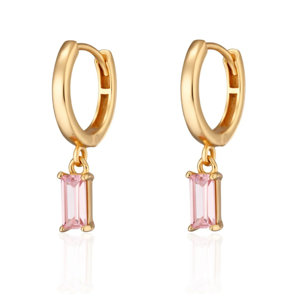 | Pink Baguette Charm Hoop Earrings | Gold Plated