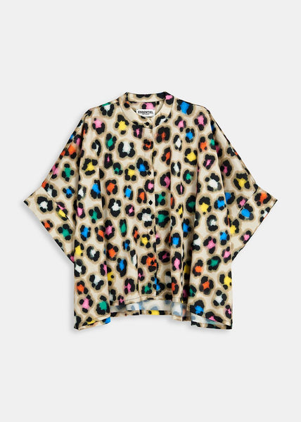 Beige Oversized Shirt With Multicolor Leopard Print